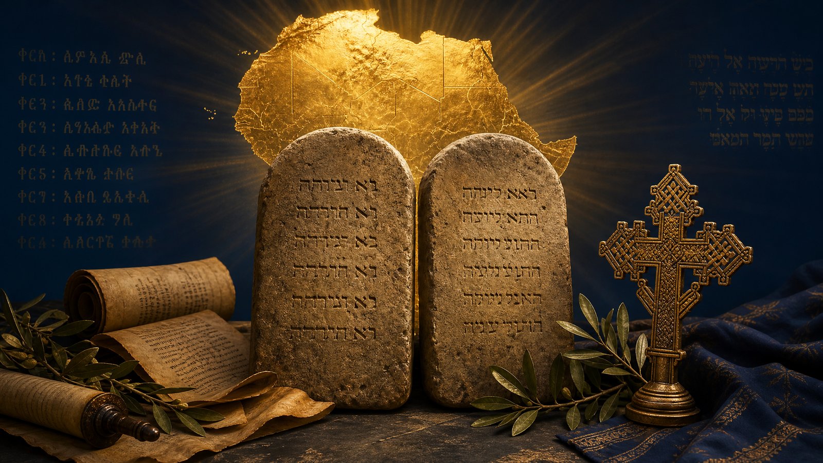 Ancient stone tablets with the African continent glowing in golden light