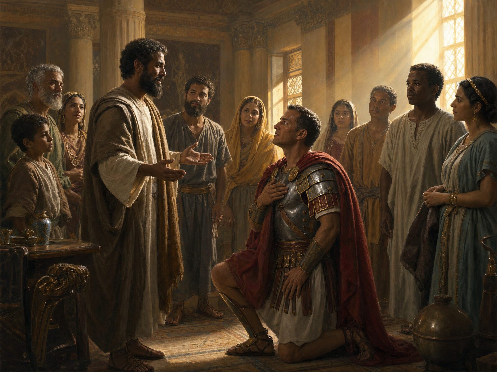 The Roman centurion Cornelius kneeling before Peter, his household gathered around