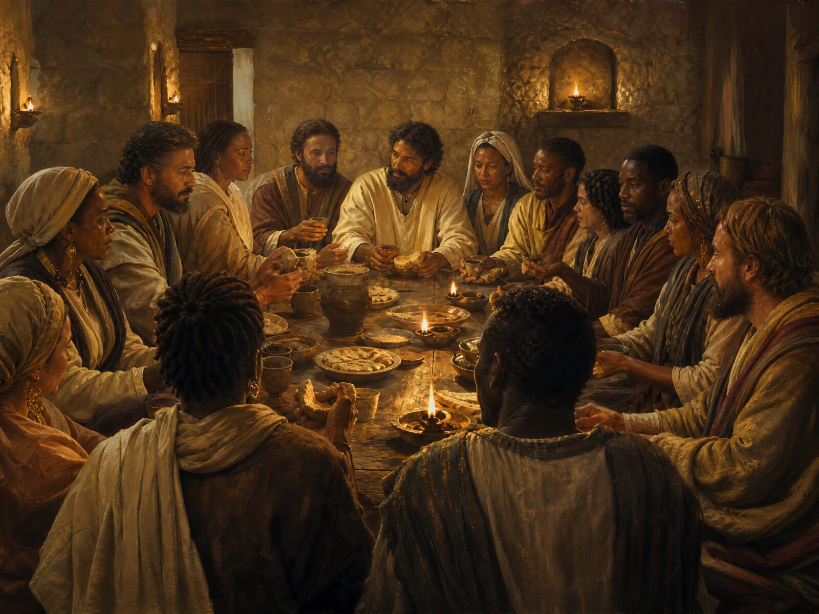 A multiethnic early Christian congregation of Jews, Africans, and Greeks breaking bread together