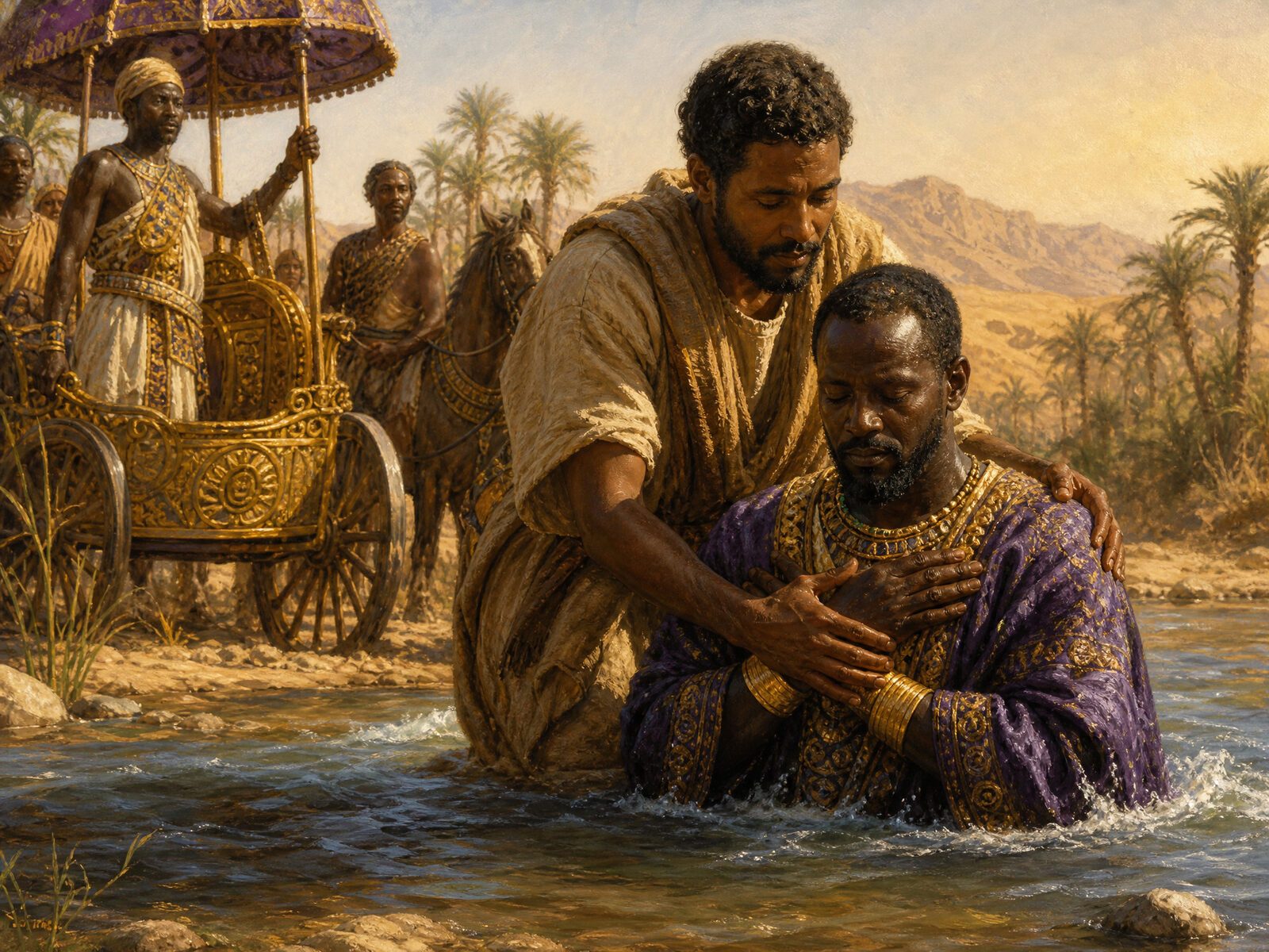Philip baptizing the Ethiopian eunuch, a richly dressed black African official, in a desert stream