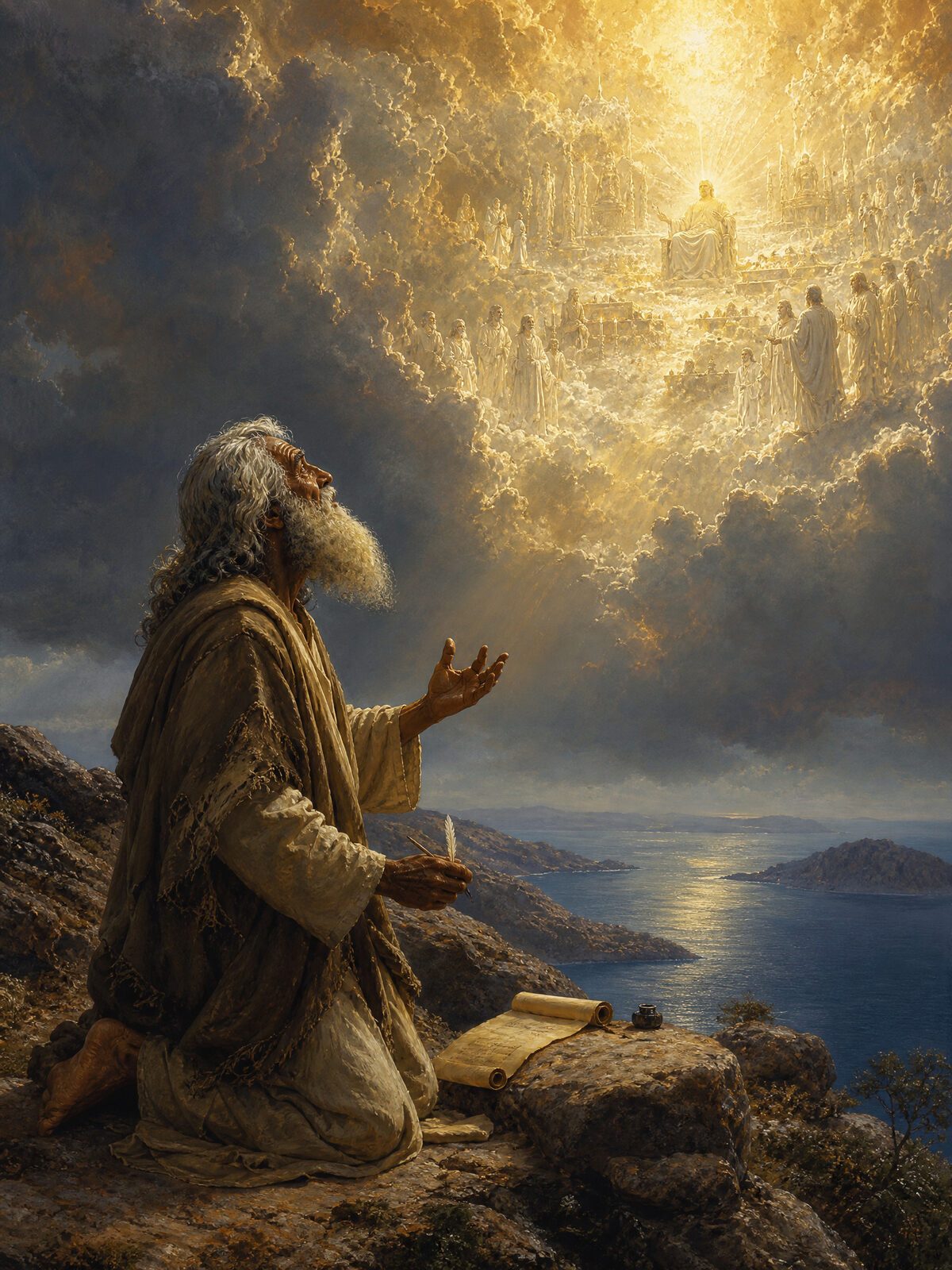 The elderly apostle John on the island of Patmos receiving the Revelation