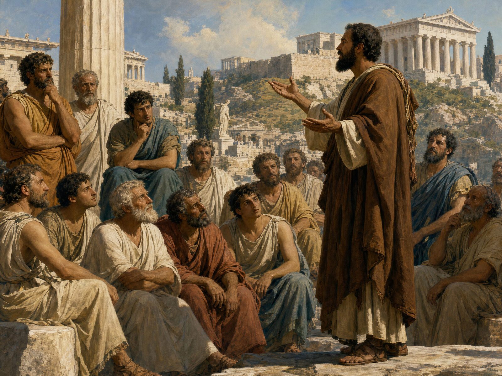 Paul preaching on Mars Hill to Greek philosophers in togas