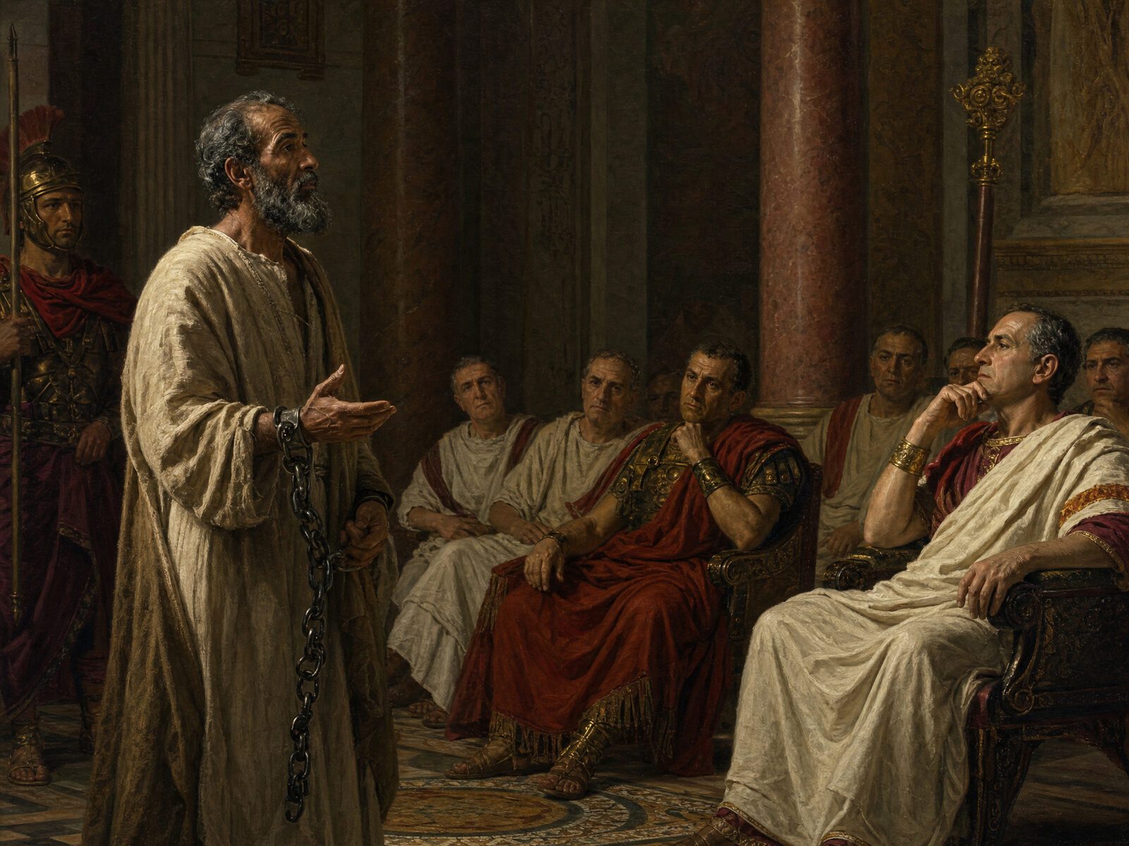 Paul in chains testifying before seated Roman officials