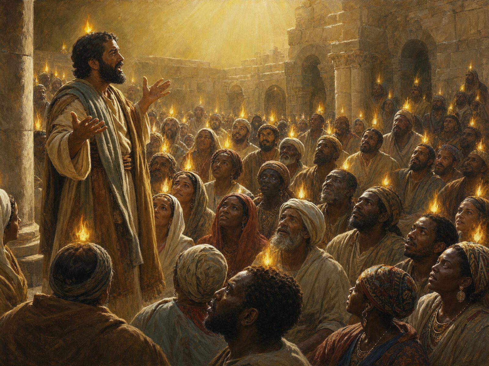 The Day of Pentecost — Peter preaching to a diverse crowd of Jews with tongues of fire above their heads