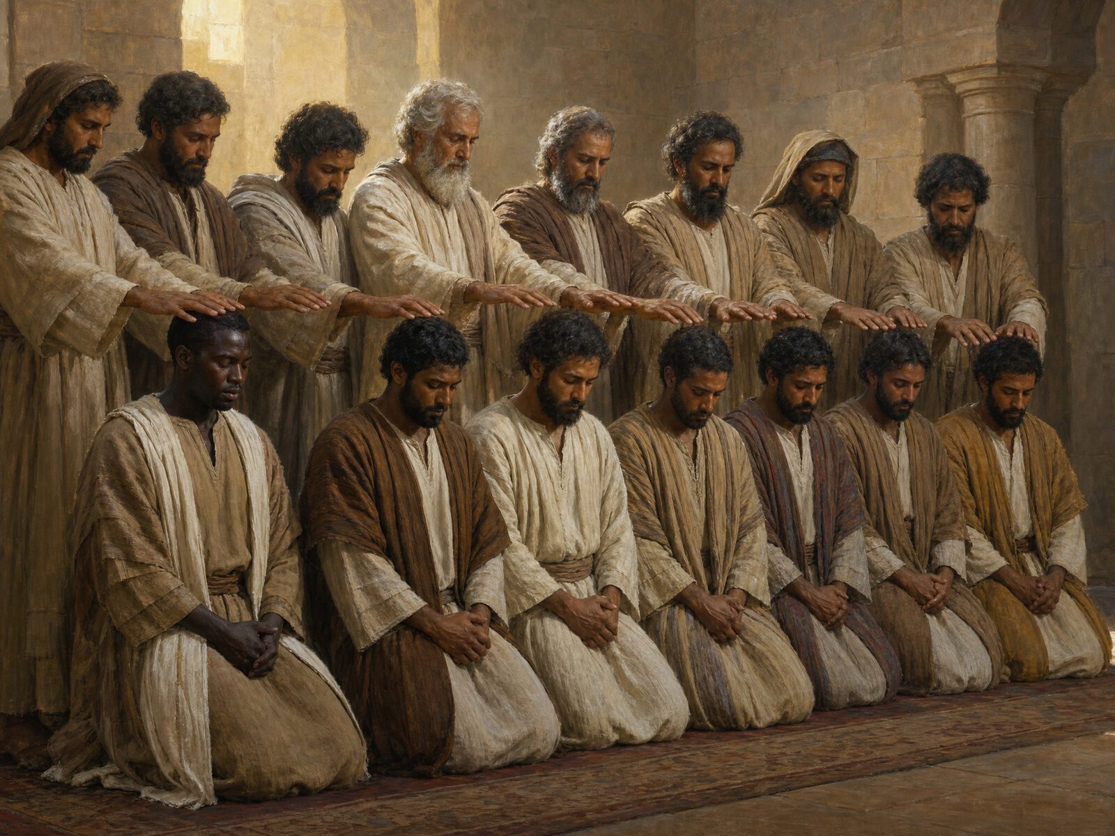 The ordination of the seven deacons — the apostles laying hands on a diverse group including a black African man