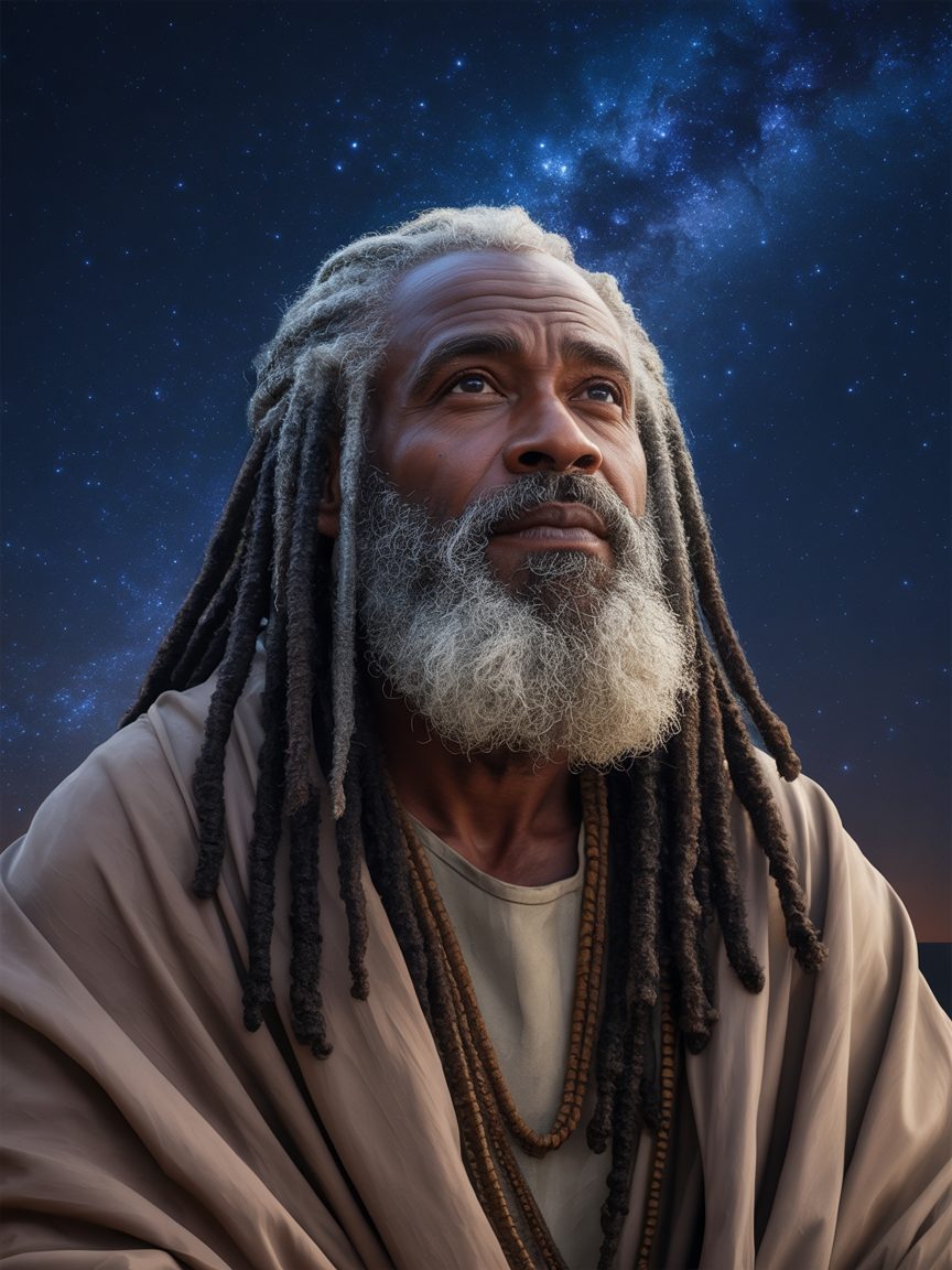 Abraham the patriarch with silver-grey locs and flowing robes in the desert