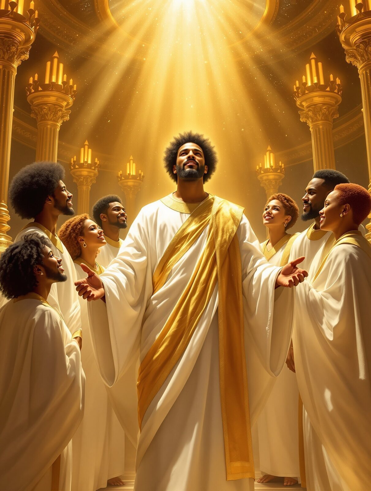 The ascended Christ surrounded by a diverse multitude of the redeemed