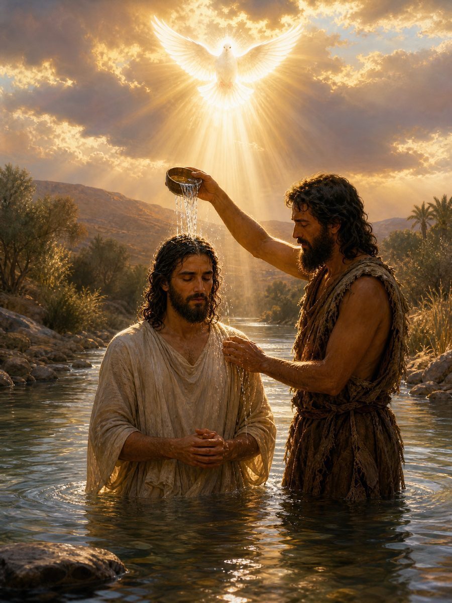 The baptism of the brown-skinned Jesus by John in the Jordan, the dove descending