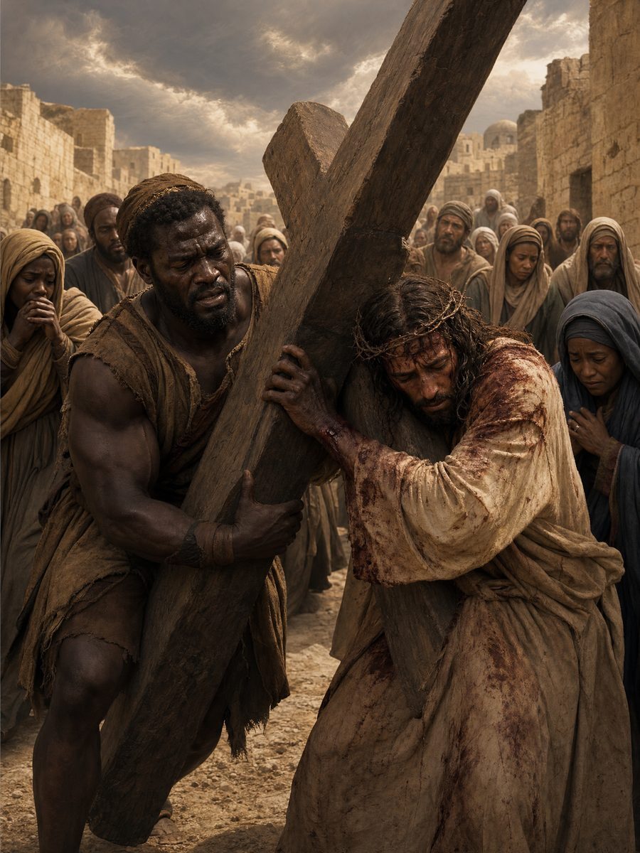 Simon of Cyrene, a dark-skinned African, helping the brown-skinned Christ carry the cross