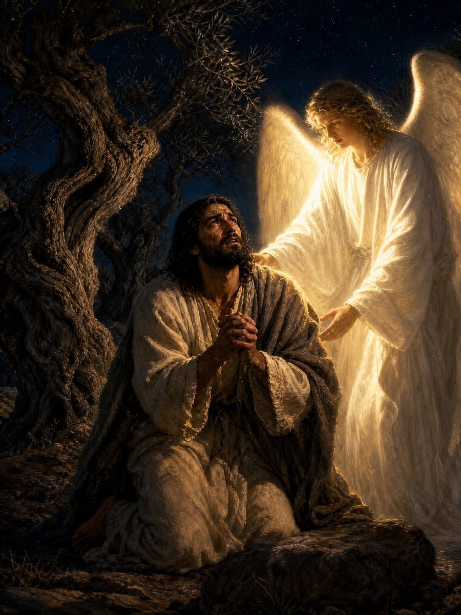 Brown-skinned Jesus kneeling in prayer among olive trees at night, an angel comforting Him