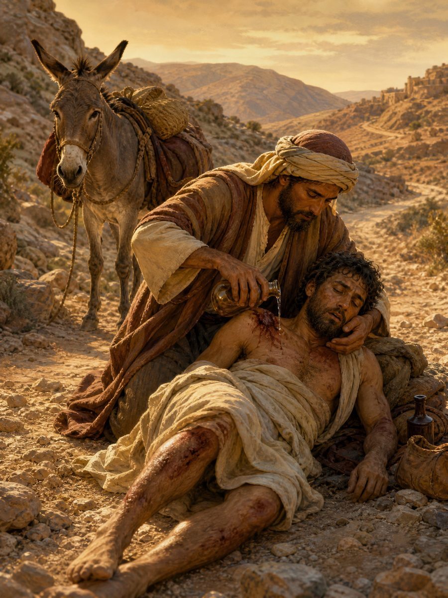 A brown-skinned Samaritan tending the wounds of a beaten man on the Jericho road