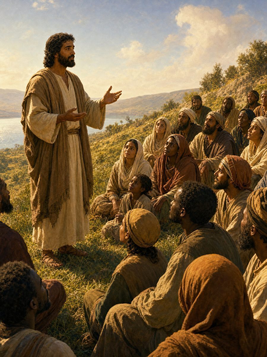 Brown-skinned Jesus surrounded by a diverse crowd seeking healing
