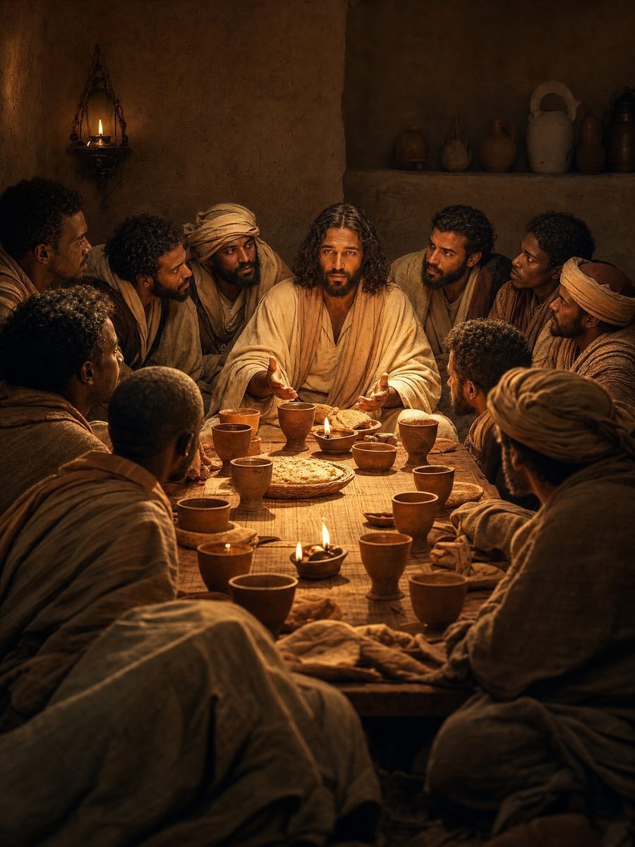 Brown-skinned Jesus with twelve diverse disciples around the table of the Last Supper