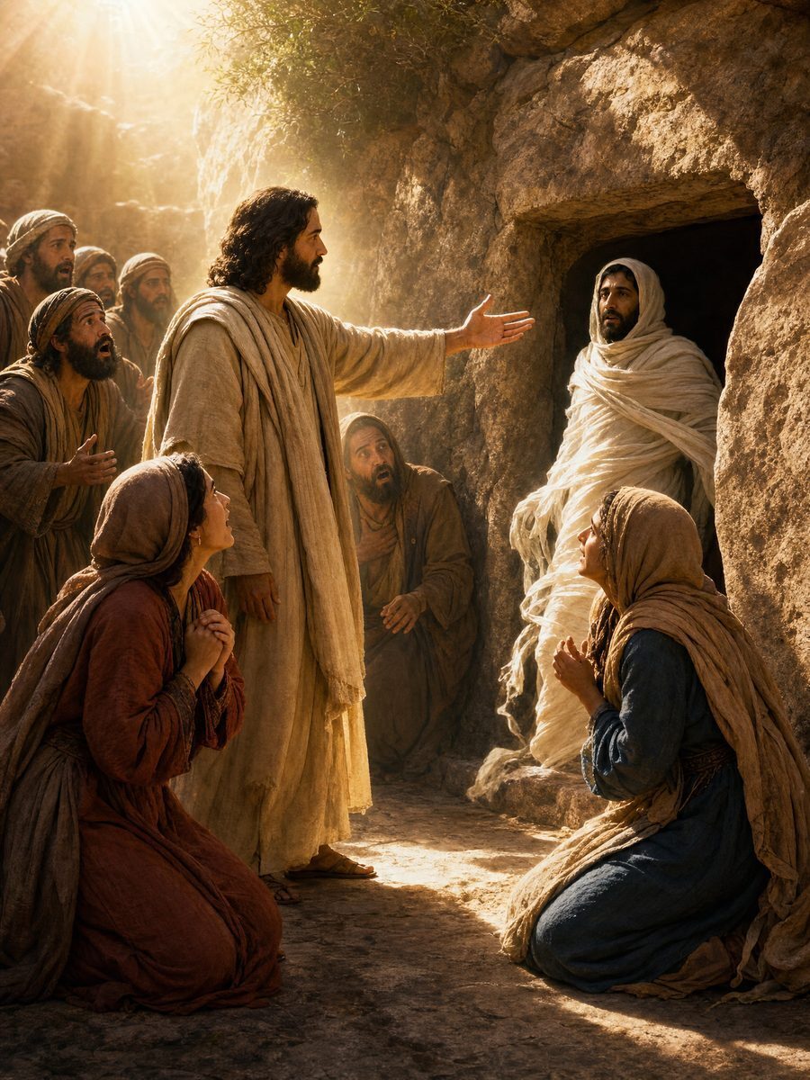 Brown-skinned Jesus calling Lazarus from the tomb as Mary and Martha look on
