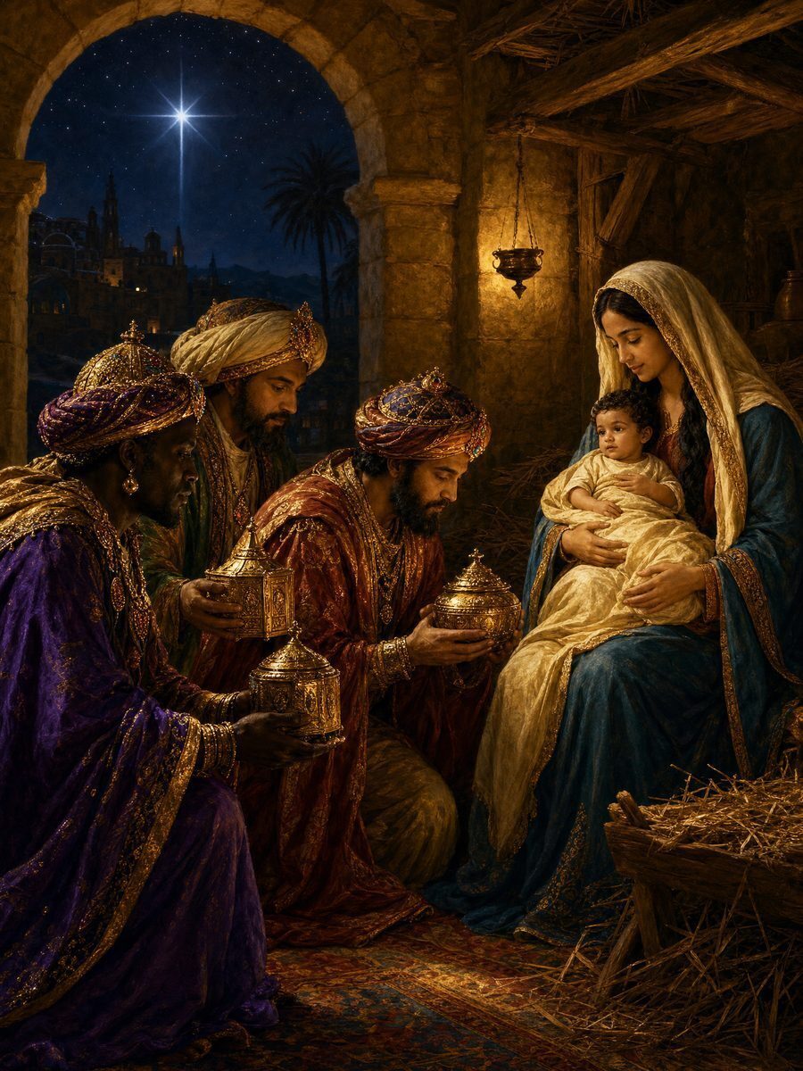 Three diverse Magi — one dark-skinned African, one brown-skinned Persian, one olive-skinned — presenting gifts to the Christ child