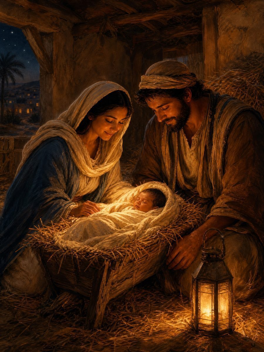 Brown-skinned Middle Eastern Mary and Joseph kneeling beside the newborn Jesus in a Bethlehem stable