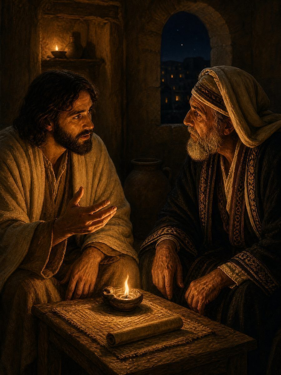 Brown-skinned Jesus teaching Nicodemus, an older olive-skinned Pharisee, by lamplight