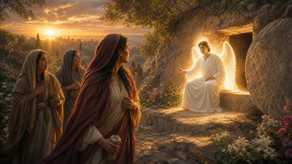 The empty tomb at dawn with a radiant angel and women approaching
