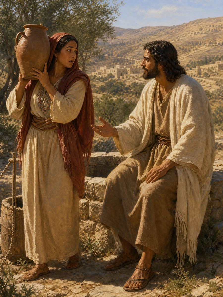 Brown-skinned Jesus speaking with the Samaritan woman at Jacob's well