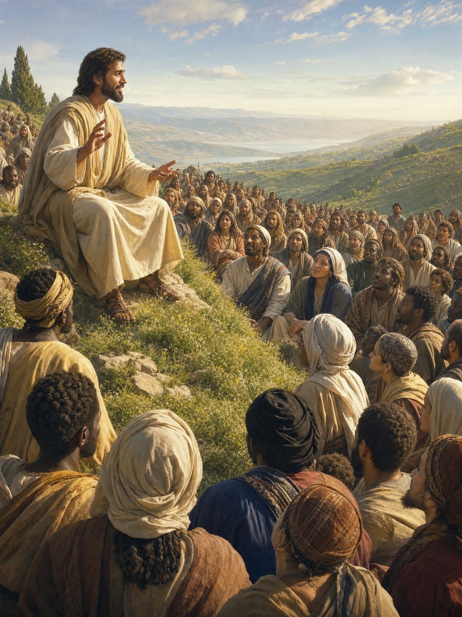 Brown-skinned Jesus teaching the Beatitudes to a diverse multitude on a green hillside