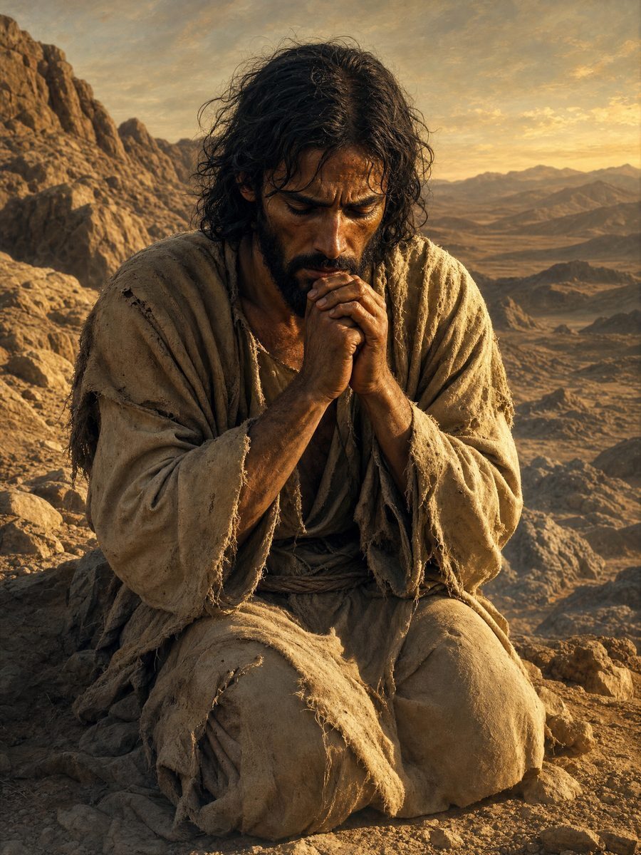 The brown-skinned Christ, gaunt from fasting, praying in the rocky wilderness