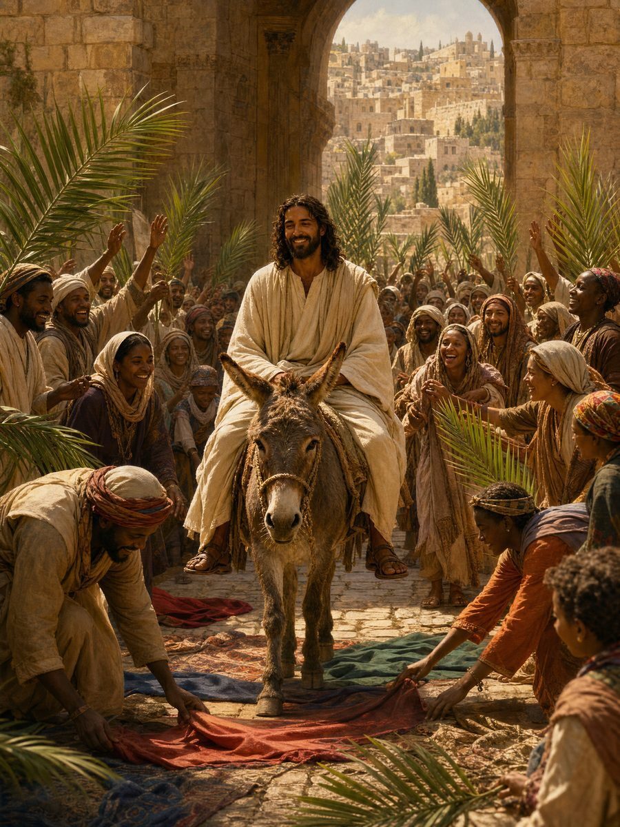 Brown-skinned Jesus riding a donkey into Jerusalem as a diverse crowd waves palm branches