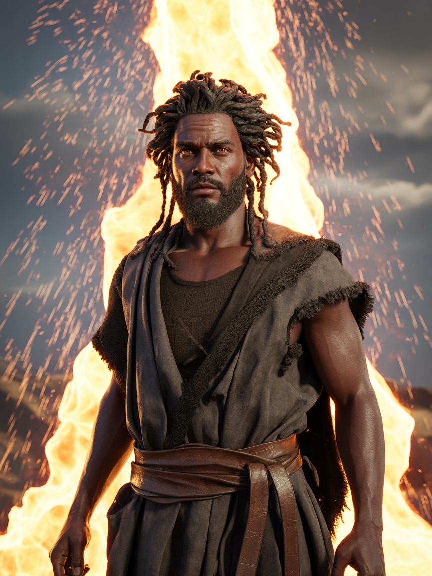 Elijah the prophet with wild braids calling fire down from heaven on Mount Carmel