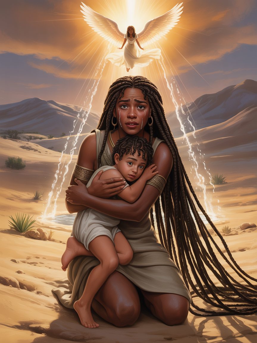 Hagar the Egyptian woman with braids in the desert