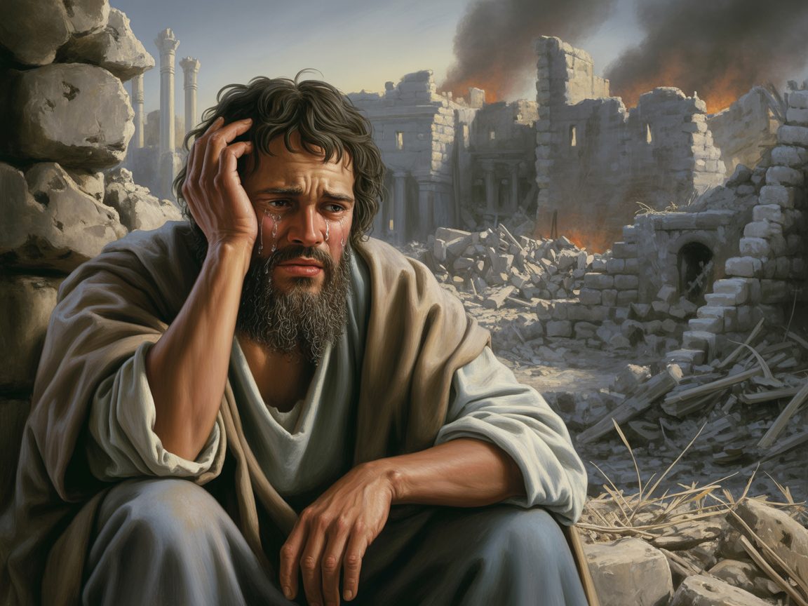 Jeremiah the weeping prophet, dark-skinned, mourning over Jerusalem
