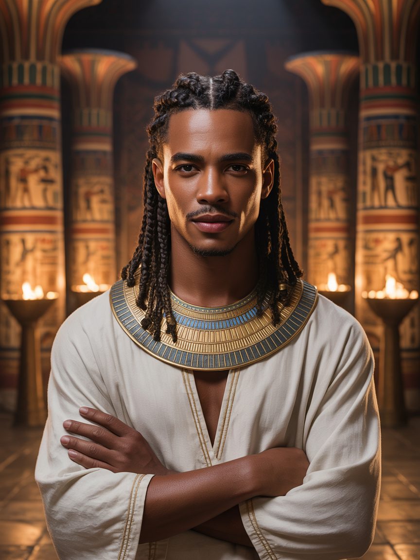 Joseph in Egyptian linen with neat braids, standing in Pharaoh's court