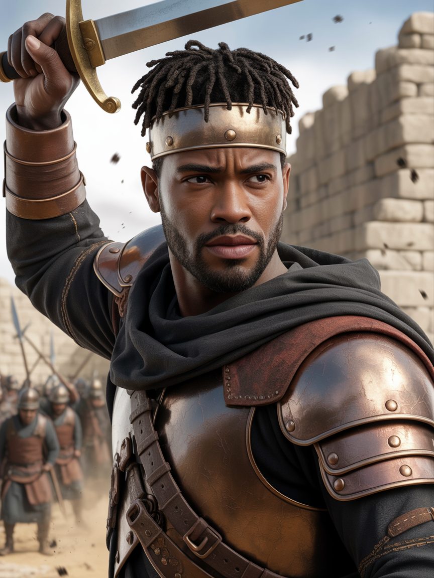 Joshua the warrior with tight locs under a battle helmet
