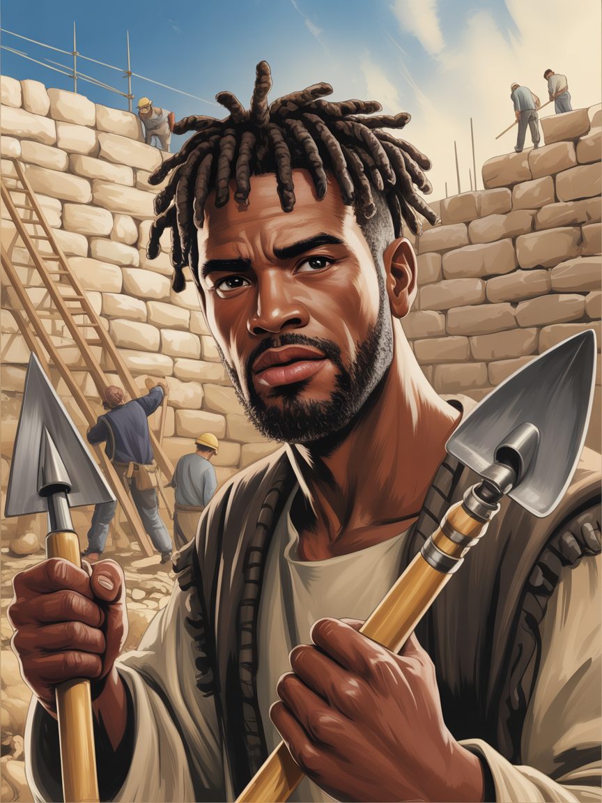 Nehemiah with locs directing the rebuilding of Jerusalem's walls
