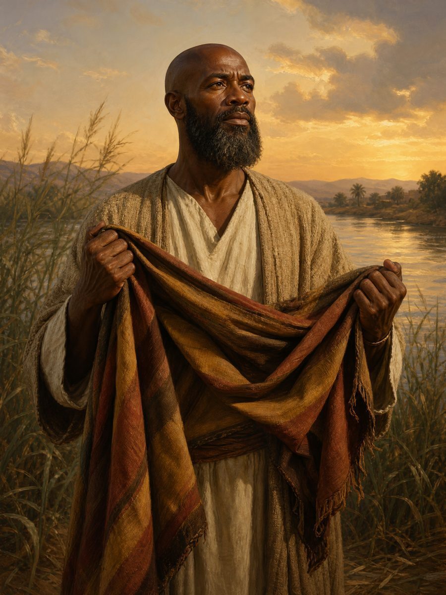 The prophet Elisha, dark-skinned, holding the fallen mantle of Elijah
