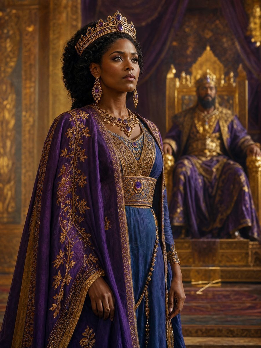 Queen Esther, dark/brown-skinned, standing courageously before the king's throne