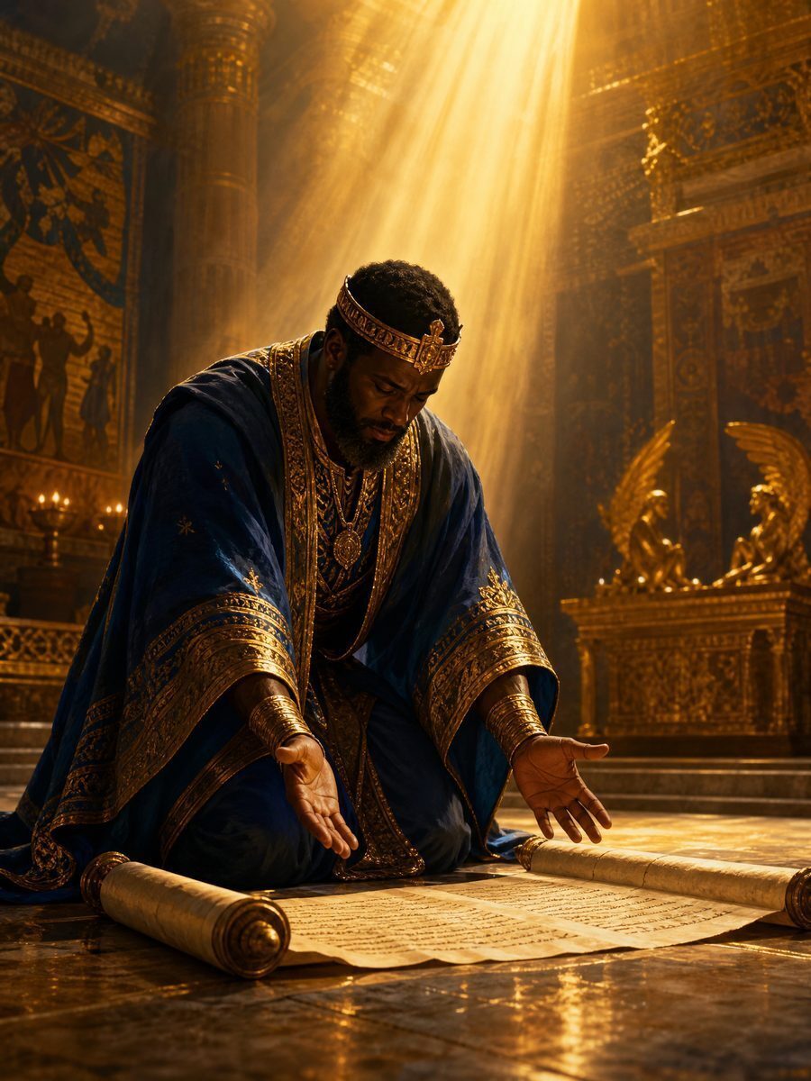 King Hezekiah, dark-skinned, spreading the Assyrian letter before the Lord in prayer