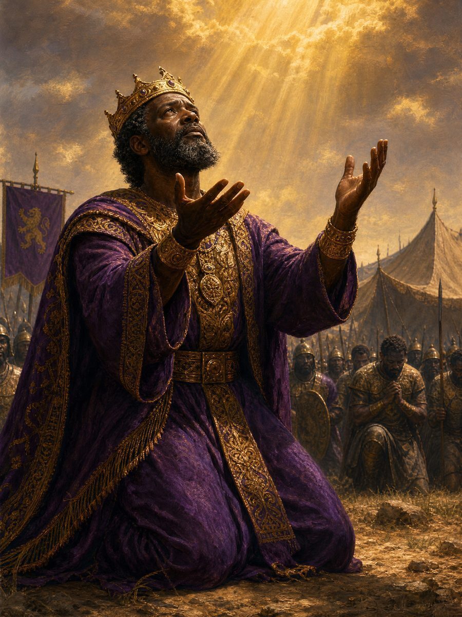 King Jehoshaphat of Judah, dark-skinned, kneeling in prayer before battle