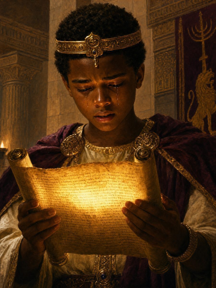 Young King Josiah, dark-skinned, holding the rediscovered Book of the Law