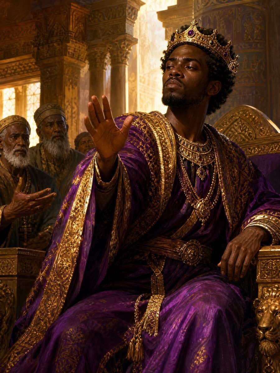 King Rehoboam, dark-skinned son of Solomon, rejecting the counsel of the elders