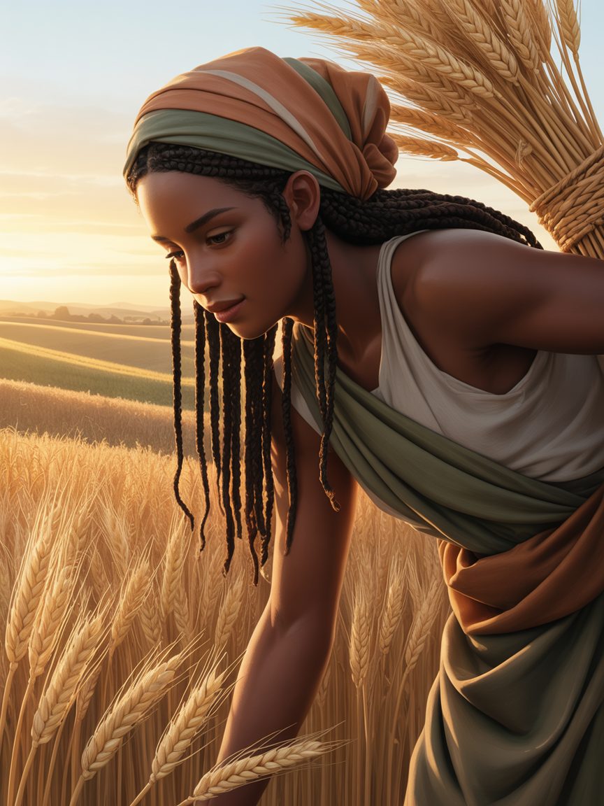 Ruth gleaning grain in the fields of Bethlehem with braids and head wrap
