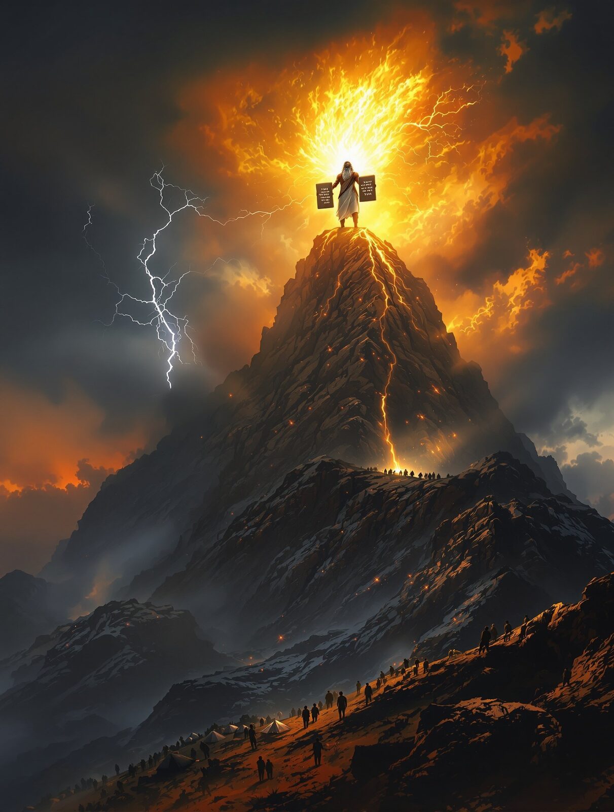 Moses on Mount Sinai holding the stone tablets of the Ten Commandments, his face glowing with divine light