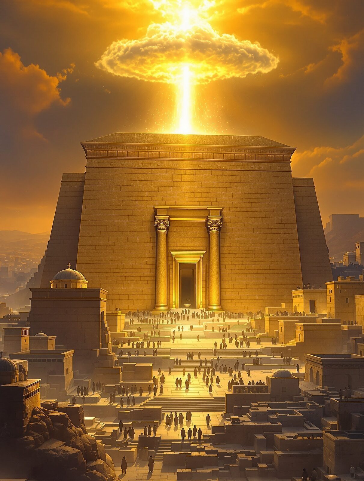 Solomon's Temple in Jerusalem with dark-skinned worshippers gathered for its dedication